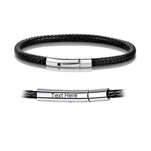 ChainsHouse Personalized Mens Leather Wrist Cuff Bracelets with Custom Beads, Waterproof Wax Rope Braided Cord Bracelet Engraved with Names for Men Women, 7-8.7 inch Length, Send Gift Box