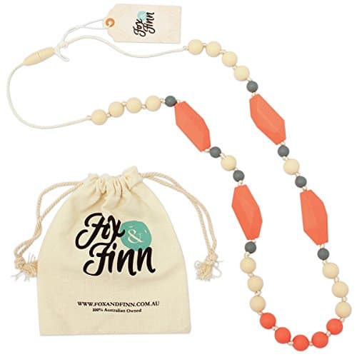 Fox and Finn 'Mackenzie' Silicone Teething Necklace for Babies | Safety Knotted Silk Rope | Does Not Pull Hair Out | 14 Inch Drop (Grapefruit Sorbet)