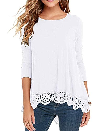 Women's Tops Long Sleeve Lace Trim O-Neck A-Line Tunic Blouse Tops for Women