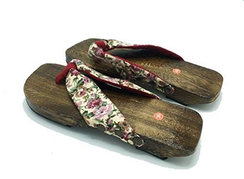 Womens Japanese Style Wooden Floral Flat Heel Geta Sandals (6.5(37), Printed-2)