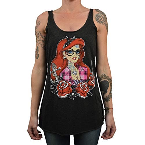 Women's Tattooed Mermaid by Miss Cherry Ariel Flowy Black Racerback Tank Top