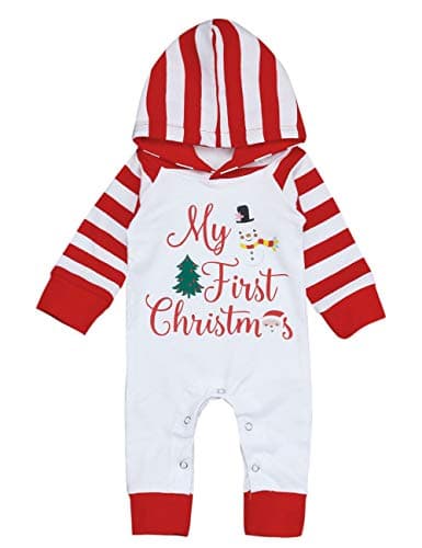 Yiner Baby Christmas Outfits Newborn Baby Boy Girls My First Christmas Romper Hoodie Printing Jumpsuit Pajamas (White, 9-12Months)