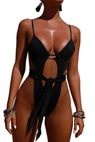 ALBIZIA Women's Backless Spaghetti Strap High Cut Thong One-Piece Swimsuit Monokini