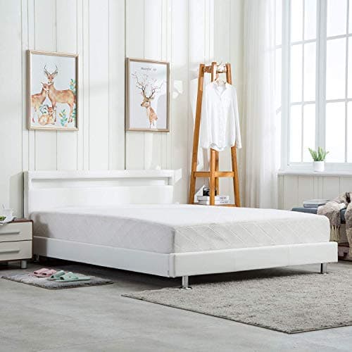 Modern Home Bedroom Bed Frame Contemporary Wood Steel PU-Leather Bed Multi-Color LED Light Headboard Queen Size White