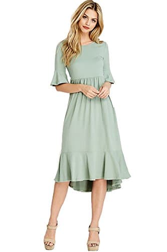 SHOPGLAMLA Floral Print Round Neck Hem Flared Short Sleeves Pocket Mid Dress Bell Sleeves - Solid - Sage XL