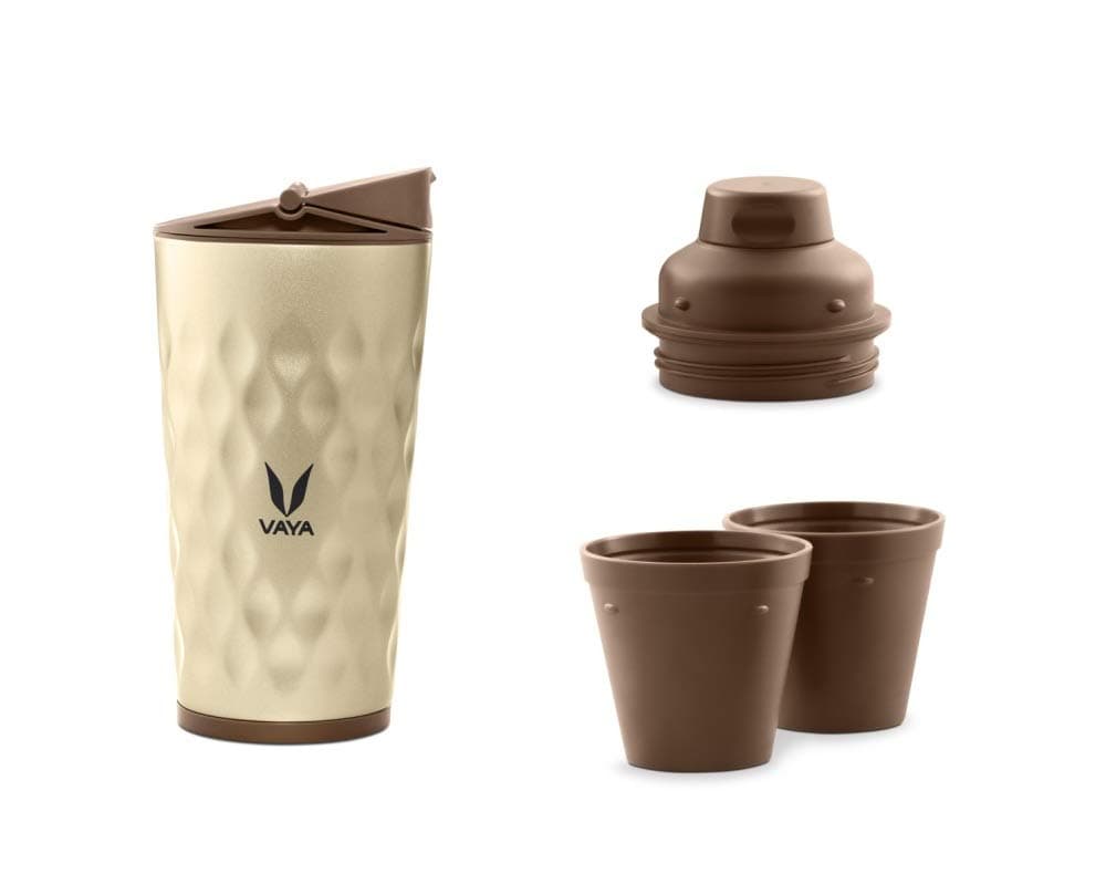 VAYA DRYNK Stainless Steel Water Bottle for Kids, 350ml Vacuum Insulated Water Bottle with Sipper, Gulper Lid, and 2 Tumblers, Hot and Cold Water Bottle for Girls, Leakproof Travel Bottle,Gold