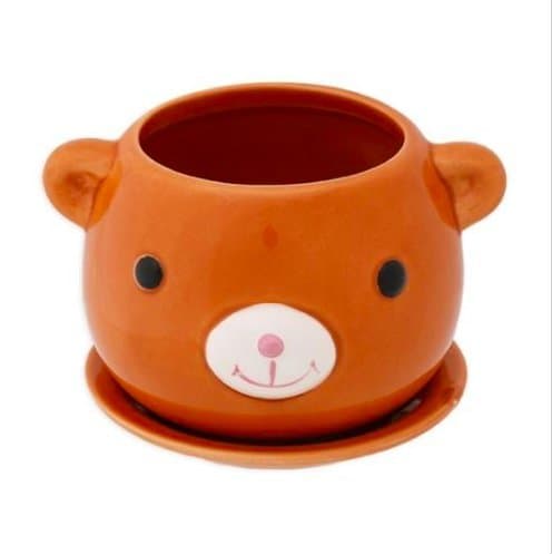 Daiso Animal Bear Ceramic Flower Pot/Bear Plant Pot/Vase with saucer (Bear)