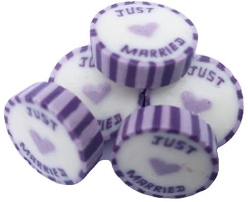 100 x Lilac & Purple Wedding Favour Individually Wrapped Rock Sweets with JUST MARRIED. Summer Fruits Flavour - VEGAN