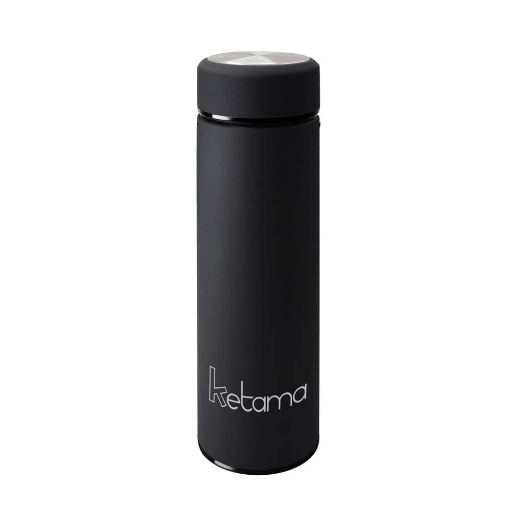 Black thermos bottle made of stainless steel, double walled, with tea strainer, rubber coated, BPA free, small and handy drinking bottle, insulated flask, for travel, also for babies and children, 0.5 litres/500 ml
