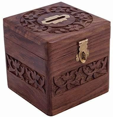 GIFTS PLANET Beautiful Indian Handmade Wooden Money Bank in Square Shape Carving Work With Coin Slot for Kids 4 Inch