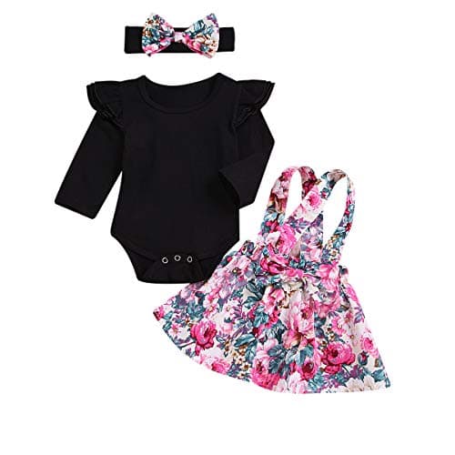 3PCs Newborn Infant Baby Girl Long Sleeves Romper Floral Skirt Pants Headband Set (3-6 Months, Floral Skirt-Black)