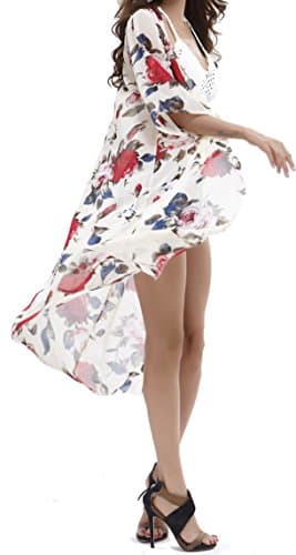 Womens Sheer Beach Cover Ups Swimwear Blouse Loose Tops Kimono Floral Print Cardigan Small Beige