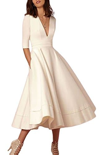 YMING Ladies Deep V Neck Dress with Pockets Wedding Party Long Dress Vintage Dress White 2XL