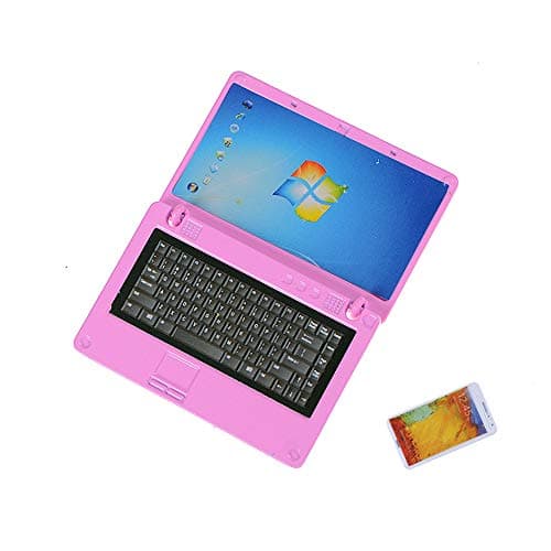 Dengguoli 1/12 Scale Dollhouse Miniature Laptop Smartphone Dollhouse Accessories Mini Laptop Mini Mobile Phone (Pink Laptop + Smartphone)