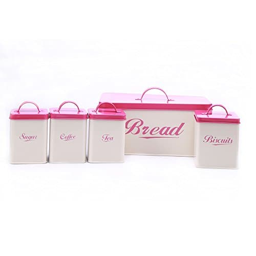 X004 Metal Square Kitchen Bread Bin/Box/Container/Home Gift Biscuits Tea Coffee Sugar Storage Tin Canister Sets (Pink)