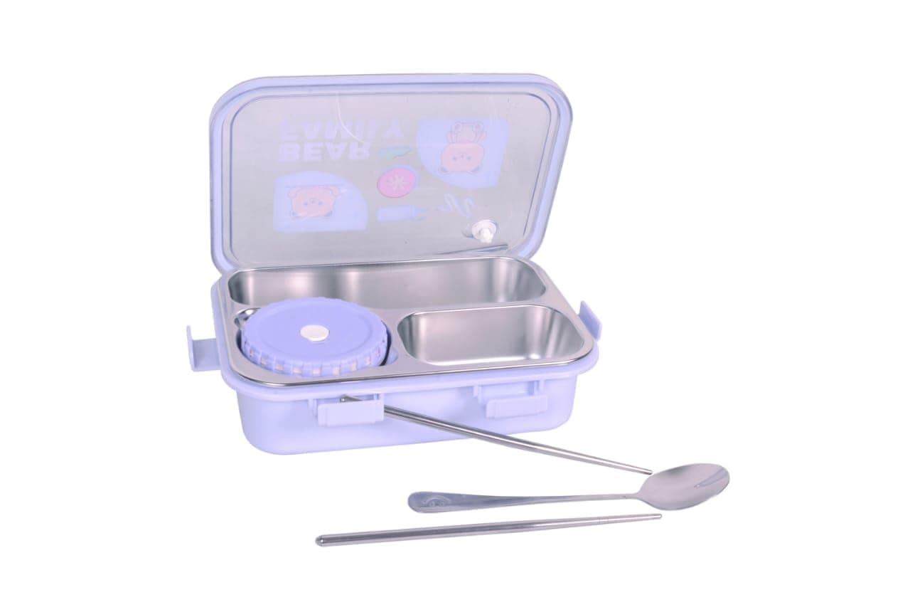 GREEN DAYS 3 Compartment & 1 Cup Stainless Steel Lunch Box with Chopstick or Spoon, Leakage Proof Lunch Box for Boys & Girls School Kids and Adults Pack of 1 Blue, 800ML