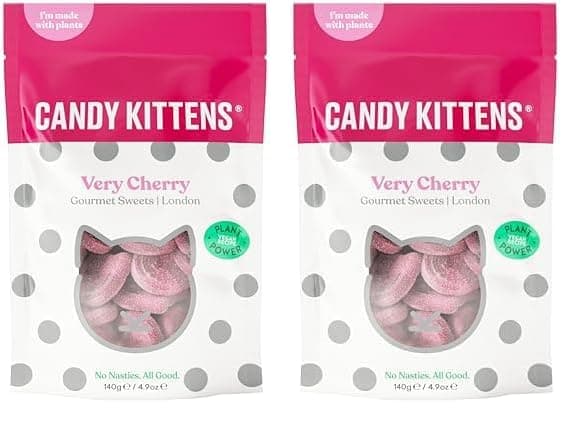 Candy Kittens Vegan Sweets VERY CHERRY (140g Bag), Vegan Chewy Sweets - Naturally Flavoured With Cherry, Perfect Vegan Gifts For Gourmet Sweet Lovers, Fruity & Delicious Vegetarian Sweets (Pack of 2)