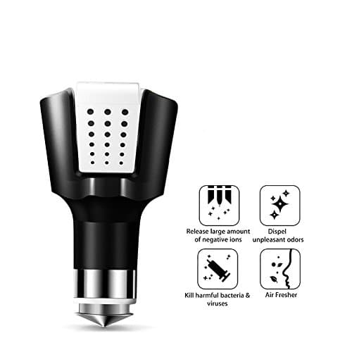 Multi- Car Air Purifier Charger,with Dual Car Quick Charger and Emergency Safety Hammer,Air Freshener,Ionizer,Ionic Air Purifier，Air Cleaner Removes Cigarette Smoke and Bad Odors for All Automobile