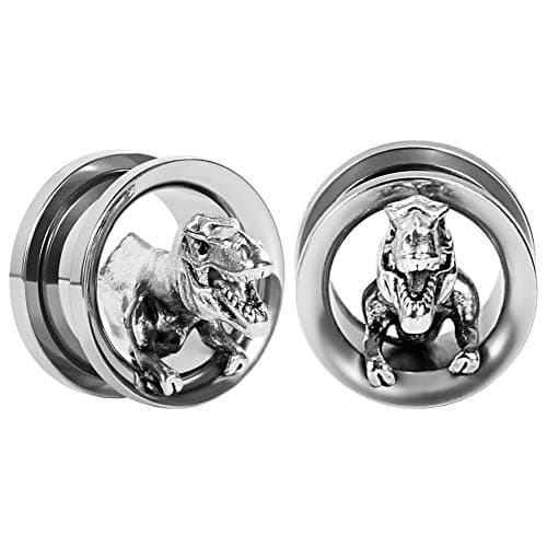 TBOSENEar Plugs Silver Screw Fit Tunnels Gauges Dinosaur Skull Stretchers Expander 2pcs