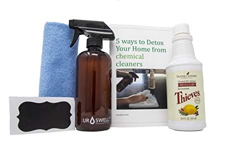 Thieves Household Cleaner Glass Bottle Kit – includes: Young Living Thieves Cleaner 14.4 fl.oz, URSWELL GLASS Amber Spray Bottle 16oz PLUS Chalk Label, Microfiber cloth & “Detox Your Home” Book