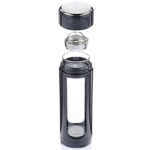 iRSE Tea Infuser Bottle tumbler glass with plastic housing and stainless steel strainer for loose leaf tea maker travel thermos teapot filter ice drink fruit water herbs spices detox 11 oz (Black)