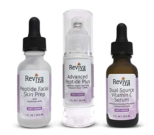 Reviva Labs Anti-Aging Trio Kit: 1 Peptide Facial Skin Prep + 1 Advanced Peptide Plus + 1 Dual Source Vitamin C Serum - (Bundle of 3 Products)