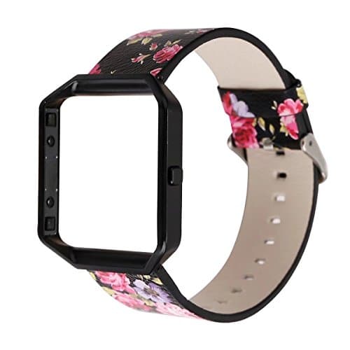 HotGlows HotGlows Women's Floral Soft Leather Strap Replacement Watch Band Wristband Bracelet Strap and Frame Compatible with Fitbit Blaze (Black/Pink+Black Frame)