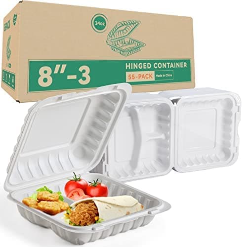 Takeout Container Mineral Filled PP Plastic - 55 Pack 8 Inch 34oz | Shrink Wrap BPA Free Food Container | Freezer & Microwave Safe for Food Delivery | White 3 Compartment Disposable Lunch Boxes