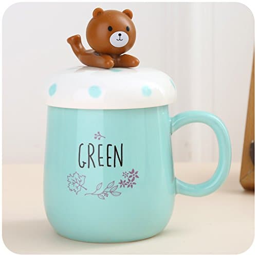 Mugcap The Coffee Office Japanese Continental Lovely Ceramic Mug Cereal Constellation Large Milk Korean Simple Milk Cup, Green Bear - with Stand Without The Spoon Feed Cup Pad