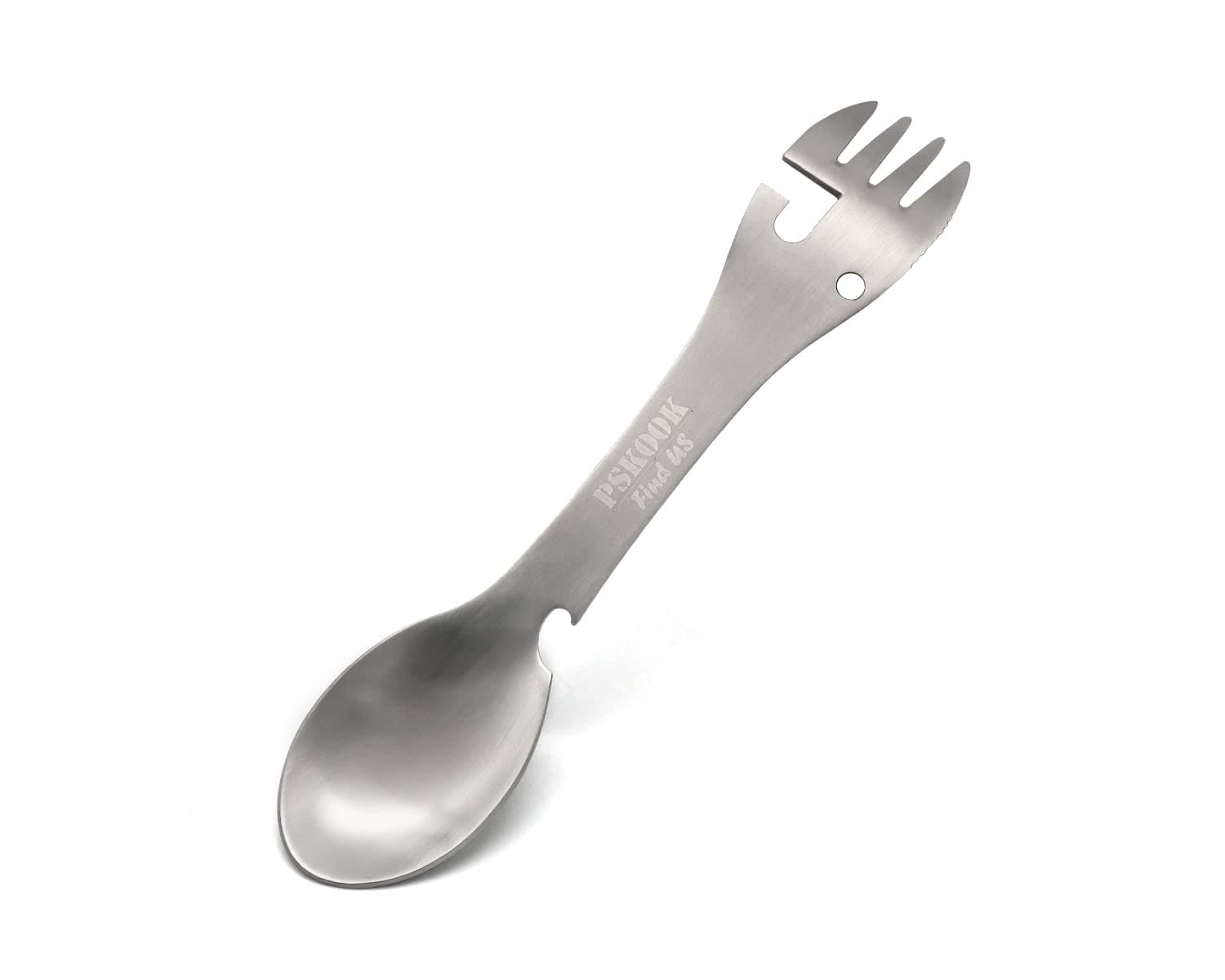 PSKOOK 5-in-1 Utility Tactical Spork, Stainless Steel Spoon & Bottle Opener, Fork & Knife, Can Opener Combo Camping Utensil for Hiking, Camping or Backpacking (Matte Silver)