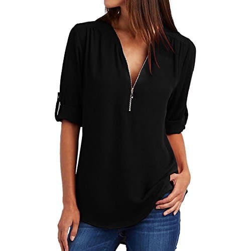 2021 Summer Flowy Fashion Zipper V-Neck Casual Tops T-Shirt Loose Tunic Tee Short Sleeve Shirt