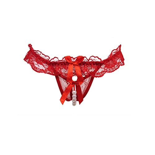 Underwear, YEBYEIR Women Sexy Lace Open Crotch Mesh Pearl Thong Panties (M, Red)