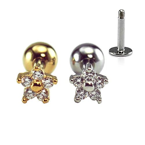 HiUnni 16g Mini Dainty Flower Cartilage Earring, Helix Earring, Conch Earring, Tragus Ear Stud, labret Stud, Piercing Barbell, Surgical Steel, 1pc (Silver, Labret(Flat Back)-5/16"(8mm))