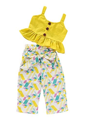 1-6T Baby Girl Pleated Wide Leg Palazzo Pants Outfits Halter Straps Off Shoulder Floral Vest Tops 2pcs Fall Outfit