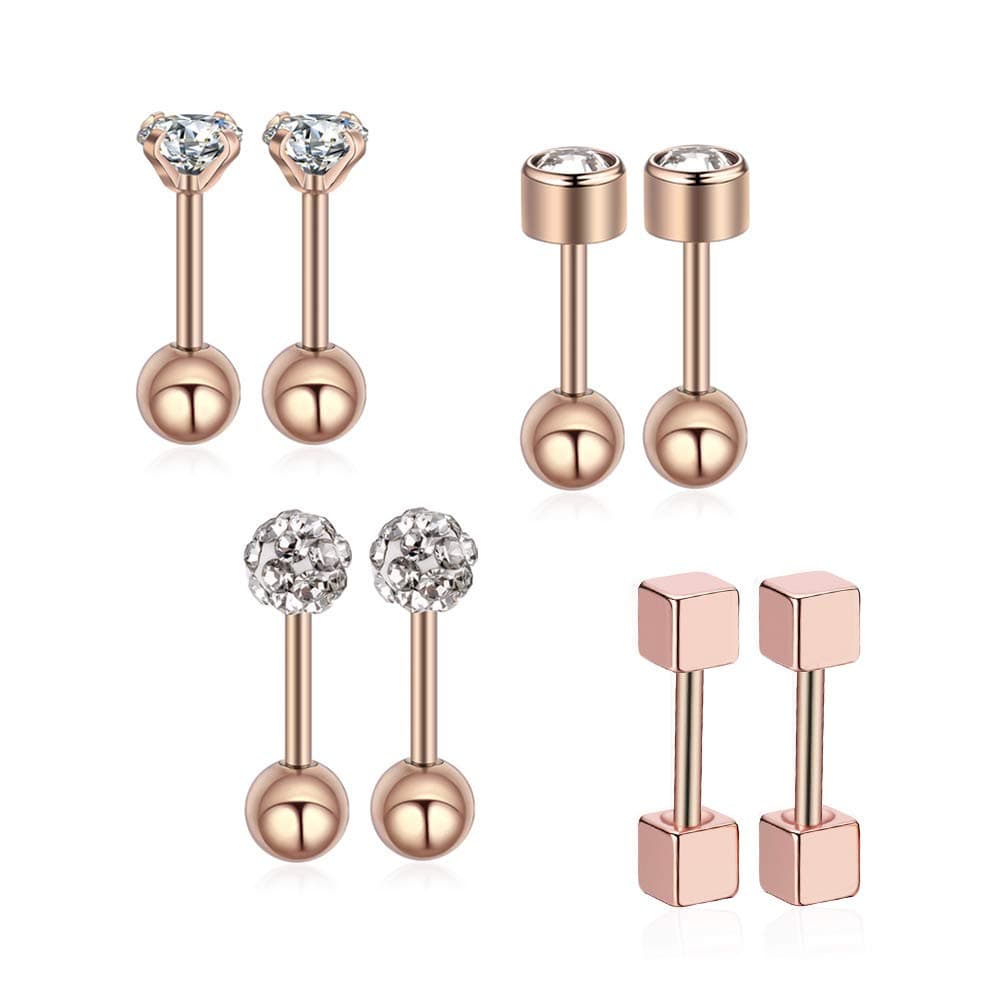 Gnoliew 18G Stainless Steel Stud Earrings Cartilage Tragus Helix Barbell Piercing Jewelry (4Pairs) (Rose Gold)