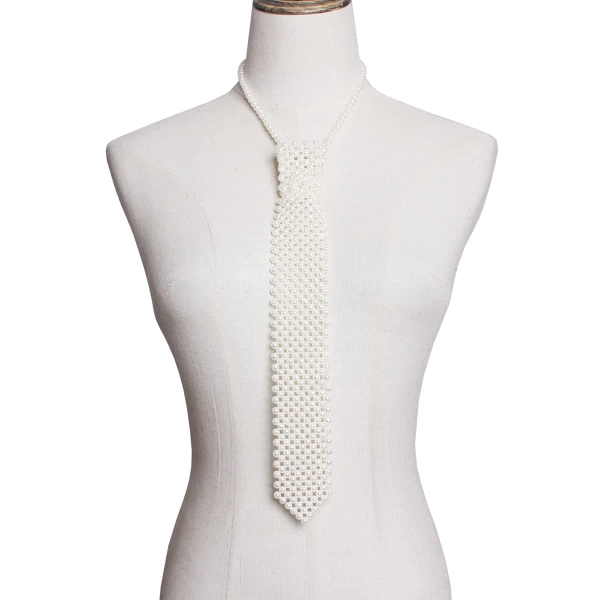 mollensiuer1 Piece White Artificial Pearls Neck Tie Handmade Weaving Ladies Shirt Necklace Neck Ties Beaded Tie Necklace for Women