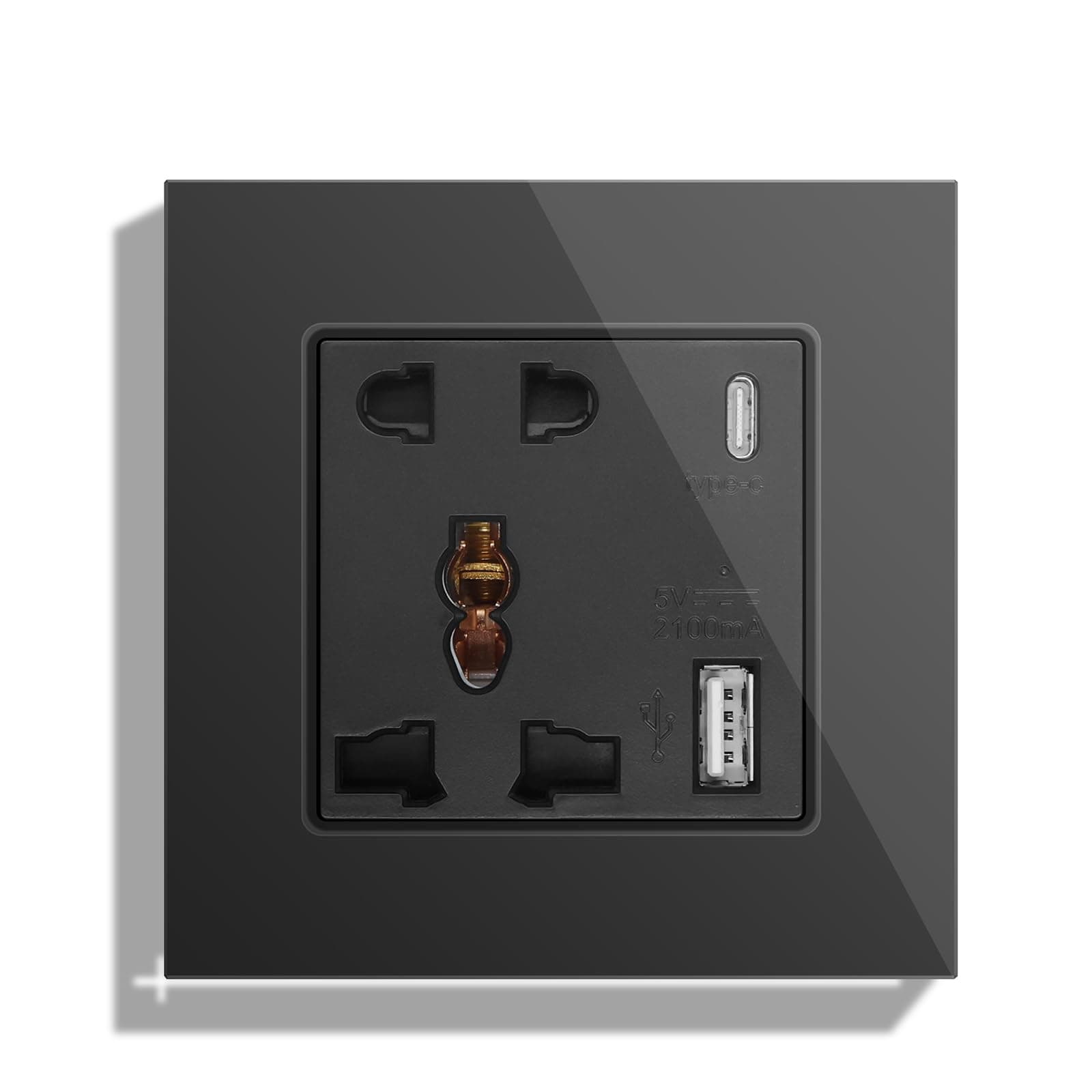BSEED Single 5 Pin Universal Wall Socket with USB C & USB A - 1 Gang Black, Multifunctional Wall Outlet, Power Socket with Glass Panel Applicable for Over 180 Countries Plug Type (No Switched)