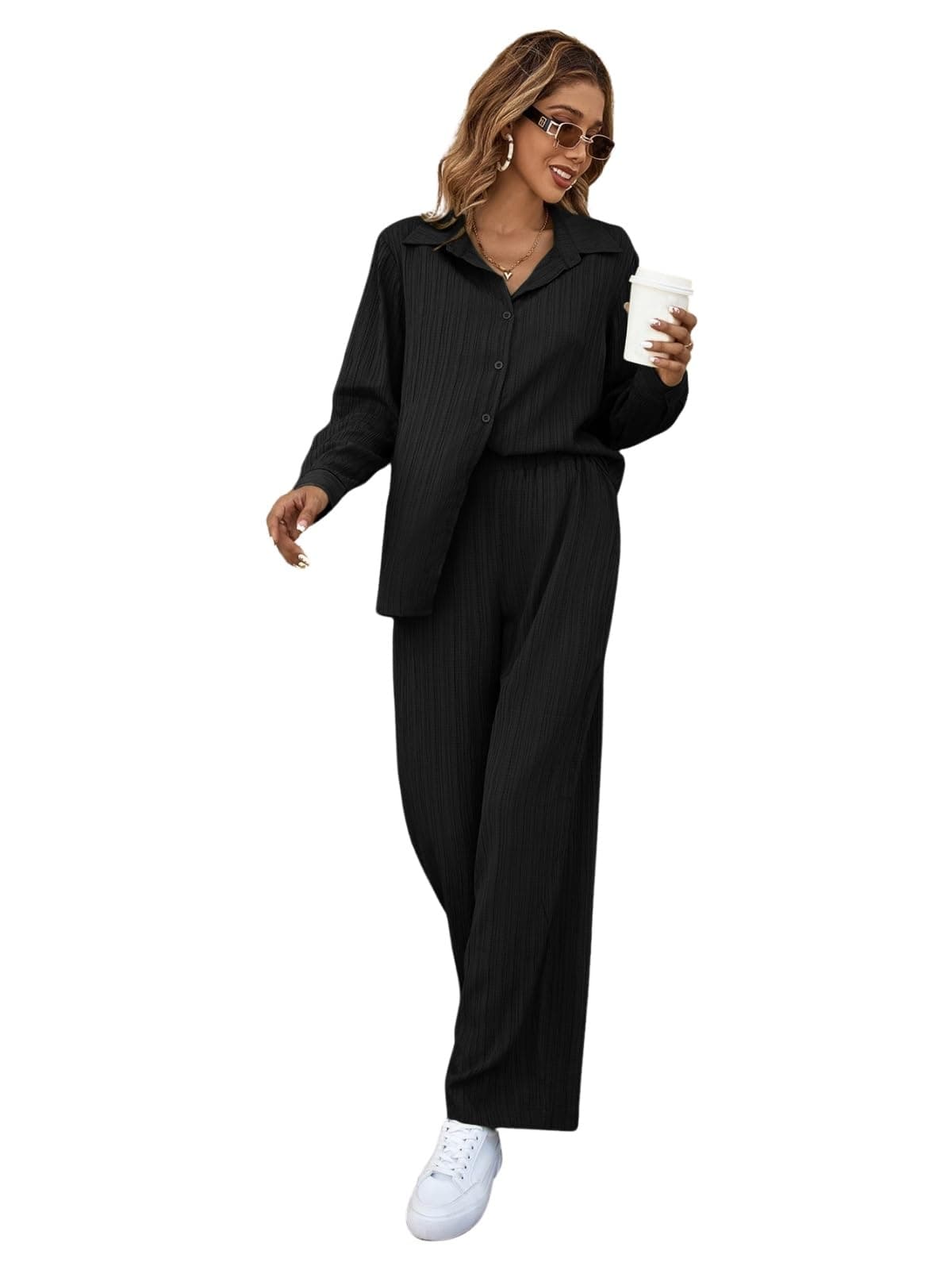 Stylish Co-ord Set for Women – Trendy Korean Summer Travel Outfit | Lightweight Two Piece Dress for Beach & Holiday Look | Casual Style | Textured | Full Sleeve