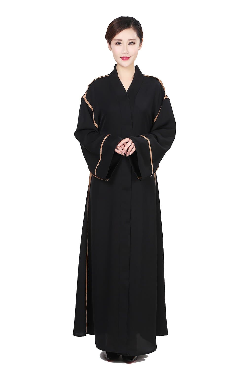 Women Striped Patchwork Fancy Black Open Long Sleeve Maxi Muslim Abaya Kimono Kaftan