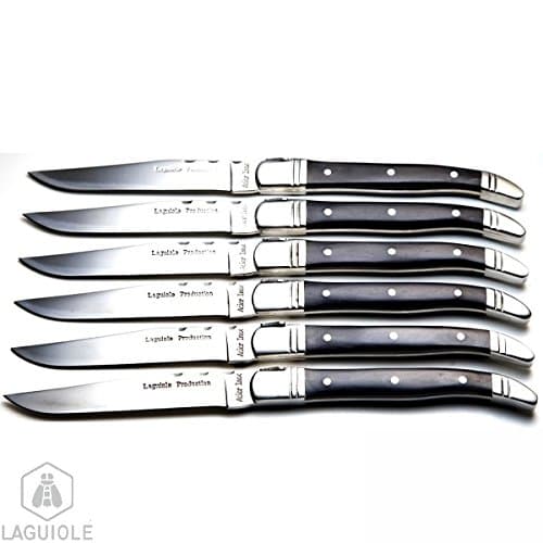 LAGUIOLE 6 steak black wood knives. Stainless steel. Luxury boxed set of table knives for everyday use, presented in a presentation box.