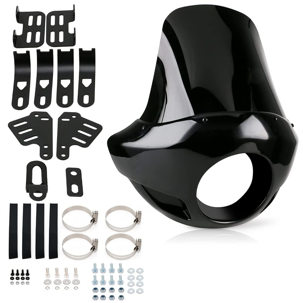 PACEWALKER Motorcycle 17" Tall Fairing Touring Sport Windshield Club Style Kit Blackout 5.75" Headlight Fairing Windshield for Super Glide T-Sport FXDXT, FXR Long Style (Gloss Black)
