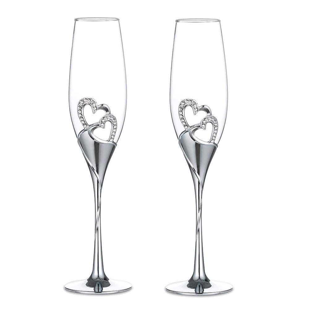 Sziqiqi Wedding Champagne Glass Set Silver Toasting Flute Glasses Pack of 2 with Rhinestone Rimmed Hearts Decoration for Wedding, Anniversary and Special Occasions