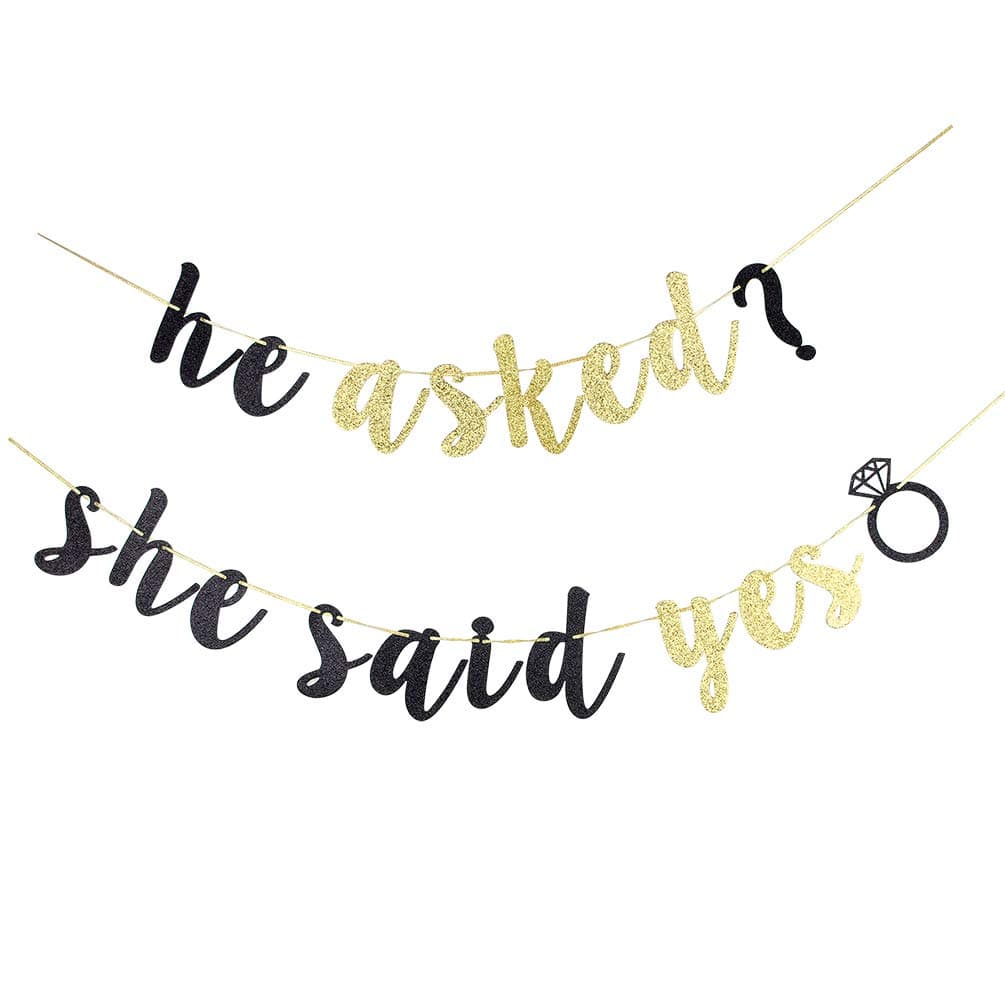 He Asked She Said Yes Banner, Glitter Wedding Sign for Engagement Announcement, Wedding Reception Decor, Bridal Shower Party Decorations Supplies