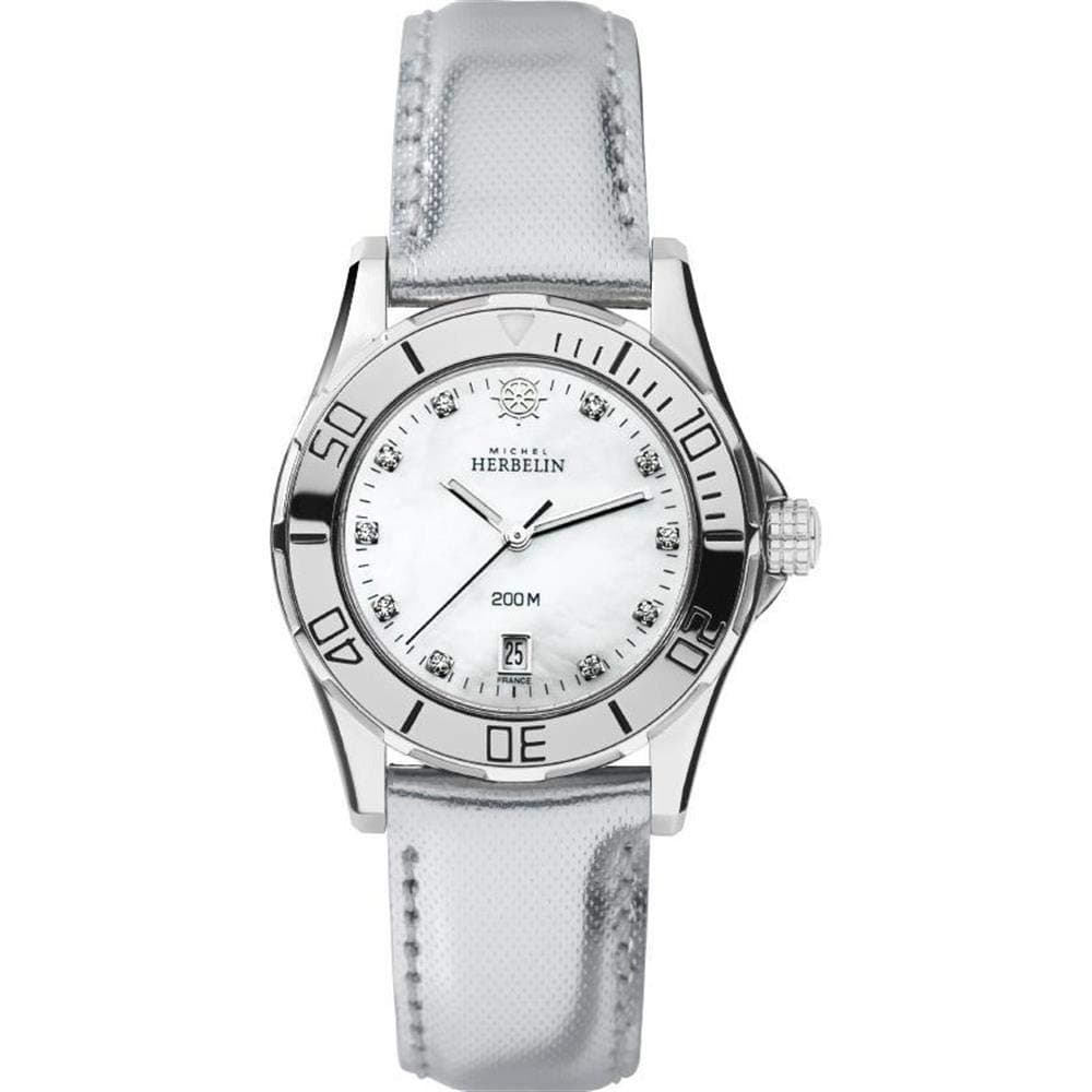 Michel Herbelin Women's Newport Trophy Grand 32mm White Leather Band Steel Case Quartz Watch 14291/59AR