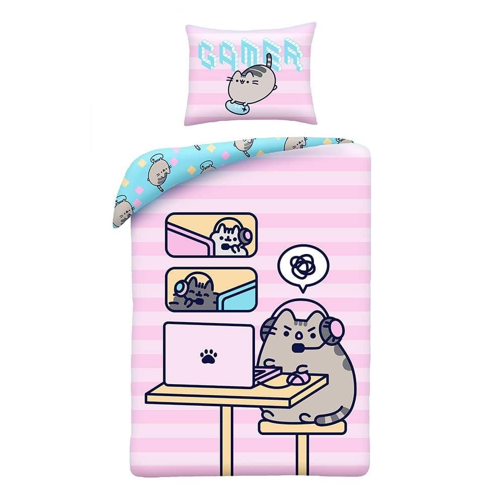 Halantex Pusheen Gamer Single Duvet Cover Set - 100% Cotton Bedding Duvet with Large Pillow Case - Reversible Duvet Set for Kids - Comfortable & Breathable - Cute Design