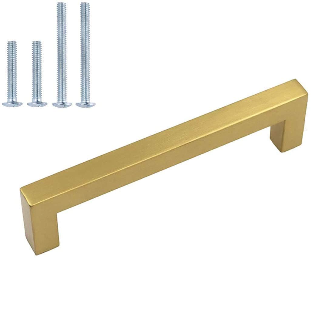 homdiy 12-3/5 Inch Cabinet Handles Brushed Brass Kitchen Cabinet Pulls 6 Pack - Gold Cabinet Pulls Square Cabinet Hardware for Cabinet, Cupboard, 12-3/5'' Hole Centers
