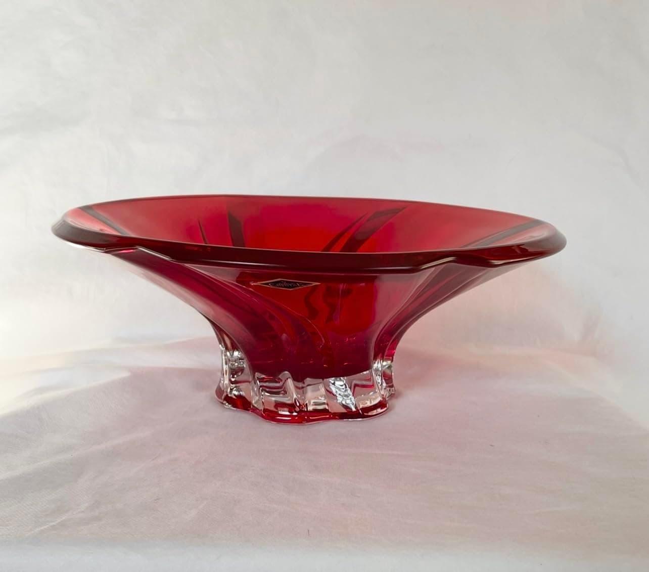 Czech Bohemian Crystal Glass Bowl-Vase 12''-Dia Red Vintage ''Plantica'' European Design Elegant Centerpiece Dish Fruits Desserts Flowers Wedding