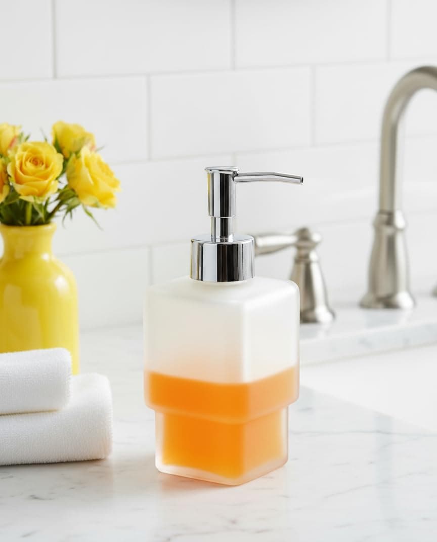 EASYHOME FURNISH Premium Frosted Glass Soap Dispenser with Stainless Steel Pump | Refillable Liquid Soap, Hand Wash, Shampoo & Sanitizer Bottle for Bathroom & Kitchen Sink | Modern Square Design