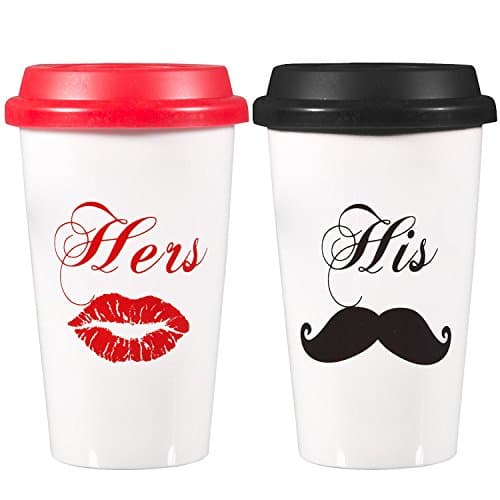 Ceramic Coffee tumbler set Traveler Insulated His & Hers Mugs ~ 12 Oz. Double Wall Construction Insulation ~ Red & Black Silicone Lid
