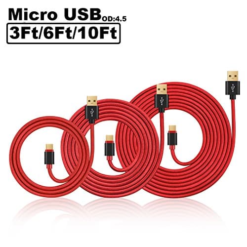 Pepiya 3Pack 3Ft/6Ft/10Ft Premium Braided Aluminum Gold Plated Micro USB 2.0 Charging Sync Data Cable Andriod Charger Cord for Samsung Galaxy S7 S6 Edge S5 S4 Note 4 5 LG HTC Huawei (Red)